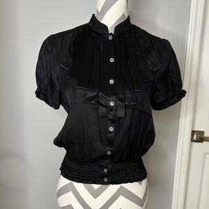 Chic Black Women's Silk Blouse with Ruffle Details